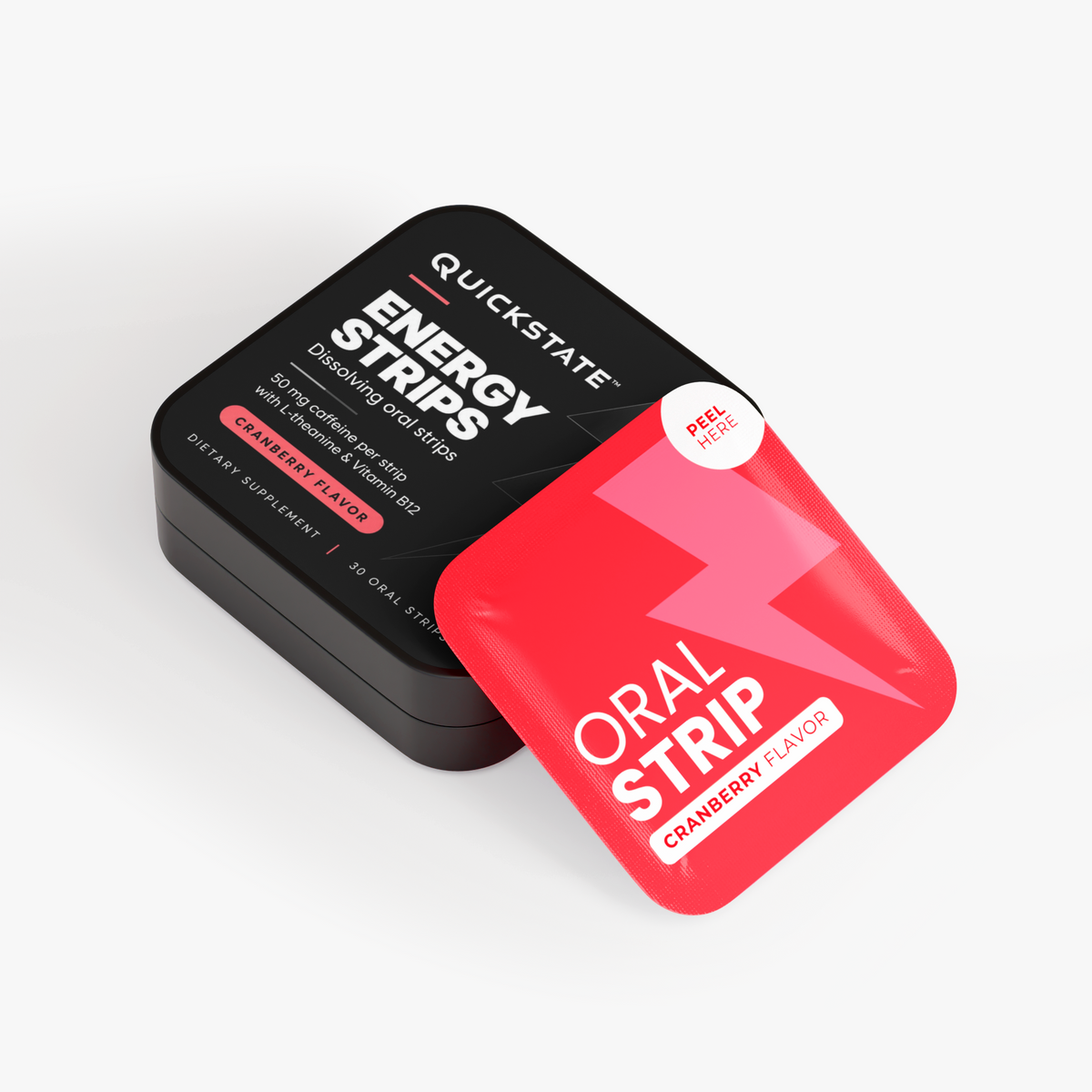 QUICKSTATE ENERGY tin and standard cranberry packet. The Desk + Bag Duo contains two tins, 60 strips.